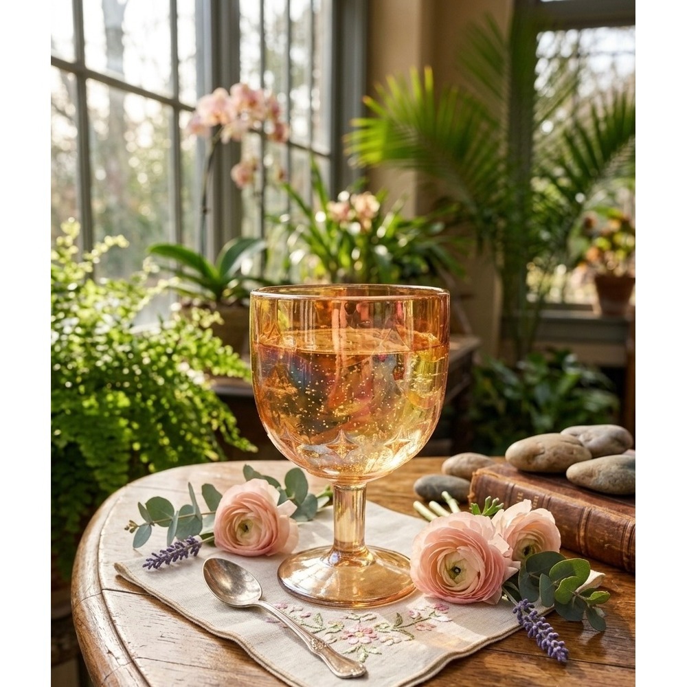 Vintage Amber Carnival Glass Iridescent Starburst Goblet Wine Glass 6in
